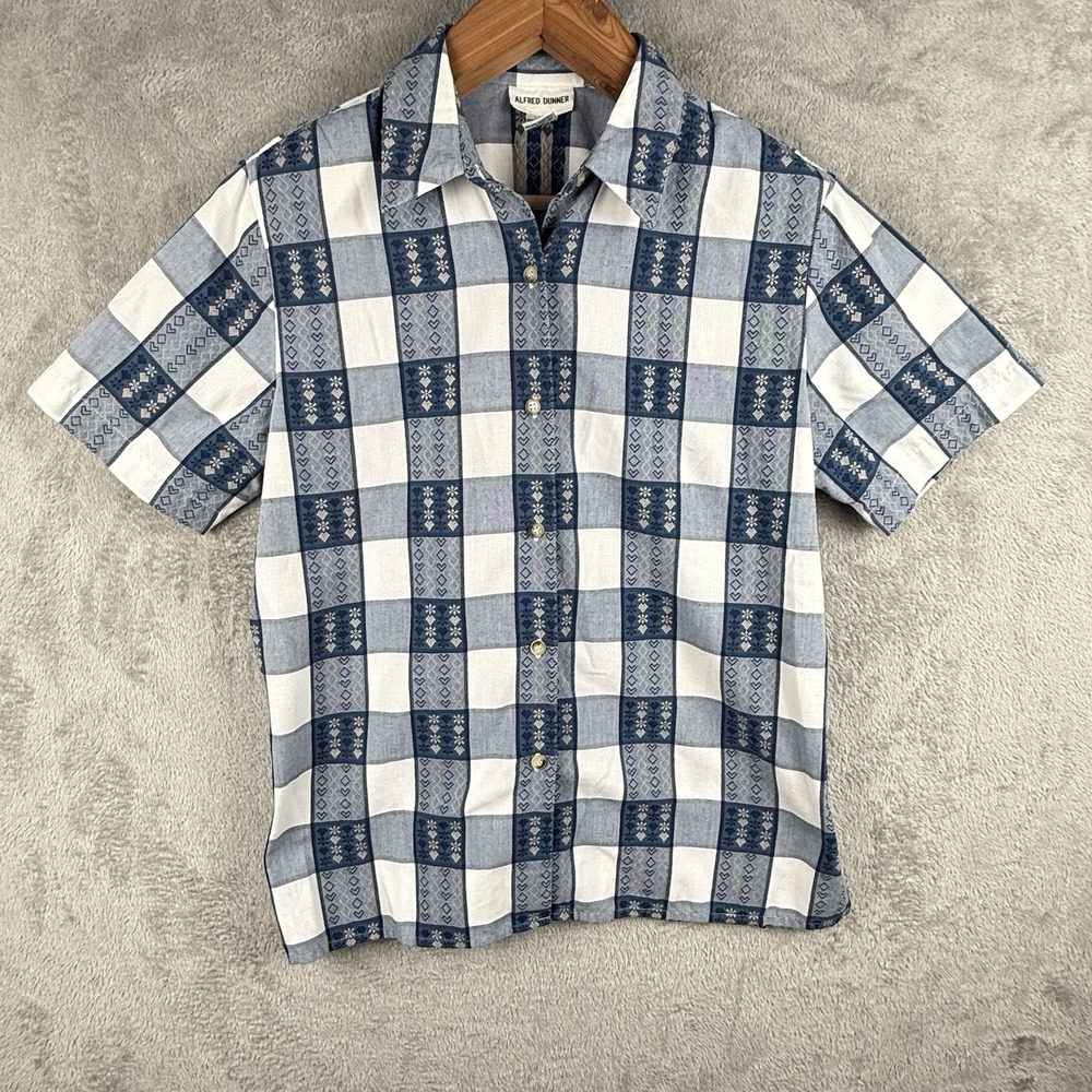 Alfred Dunner Shirt Womens 14 S/S Button Down Blue White Plaid Hearts Granny